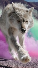 Powerful gray wolf, running, colorful smoke