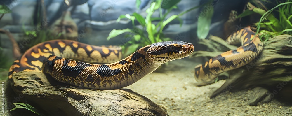 Poster a patterned snake rests on a rock in an enclosure