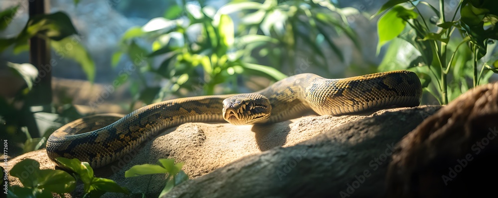 Poster reticulated python rests majestically on rock amidst lush greenery
