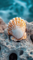 Seashell resting on textured rock, ocean backdrop