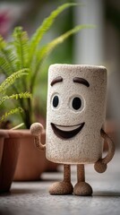 Smiling, cartoonish marshmallow figurine with plant background