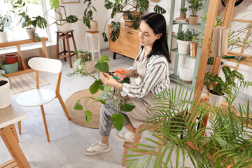 Beautiful young woman pruning diseased houseplant leaf at home. Plant diseases concept