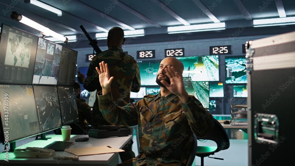Aufkleber military agent using augmented reality tech in control room, analyzing aerial reconnaissance data. i