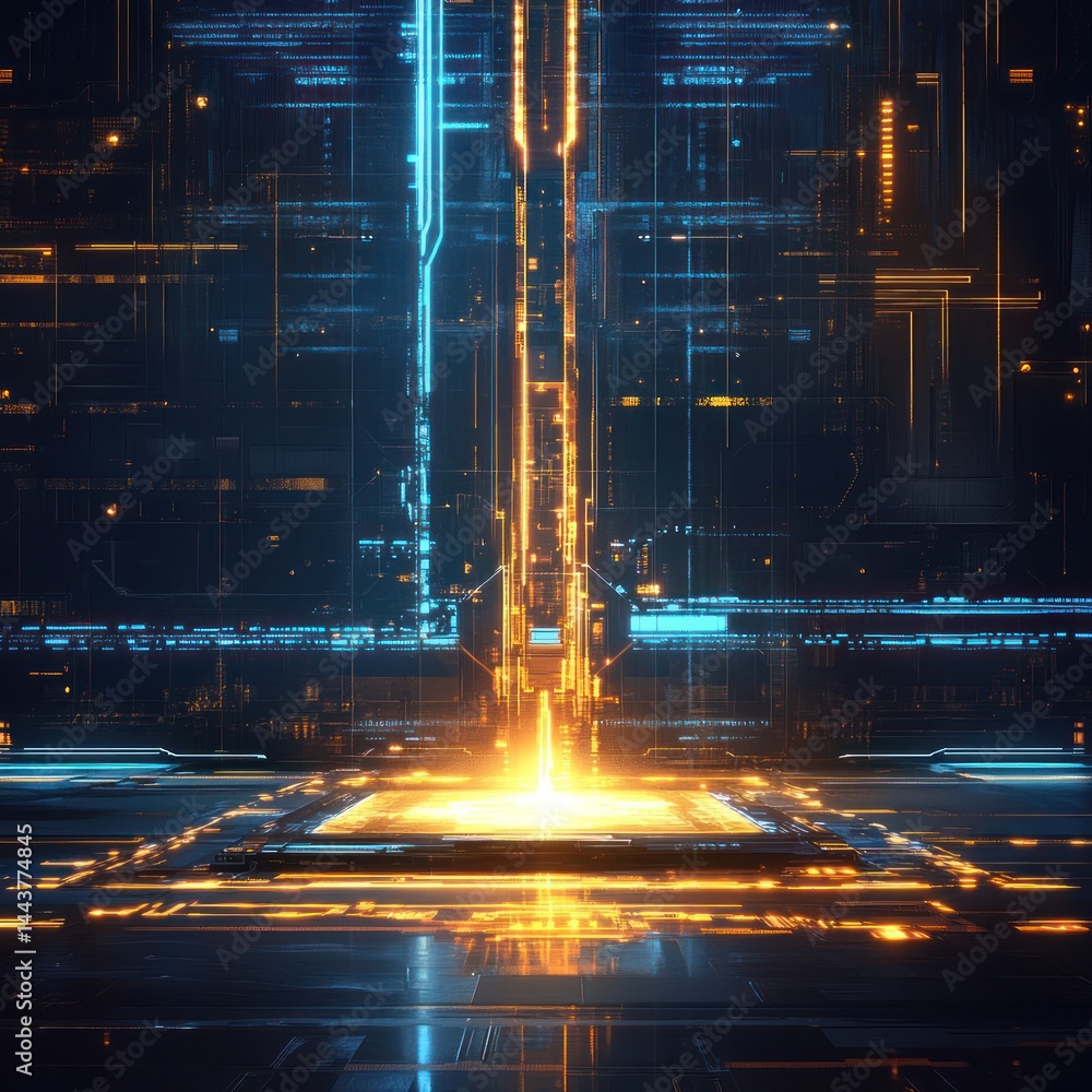 Poster digital glowing data streams transfer information inside computer, futuristic abstract background, i