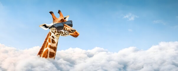 Giraffe wearing sunglasses peeks out from fluffy white clouds