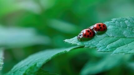 Fototapeta premium Two ladybugs on a leaf in a lush green environment