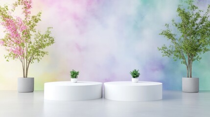 White Platforms Pastel Trees Modern Minimalist Style High-Resolution Lighting Center Wide Shot Smooth Surfaces Display Concept Pastel Rainbow Background Serene Perfect for Product Showcase