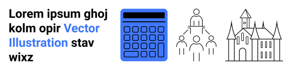 Blue calculator, people hierarchy structure, and old building graphic. Ideal for education, business, management, finance, architecture, history simple landing page