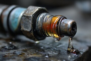 Macro close-up of rusty metal connection with nut and clear viscous liquid dripping, showing threads and wet stone surface