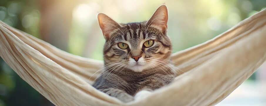 A tabby cat rests peacefully in a beige colored hammock