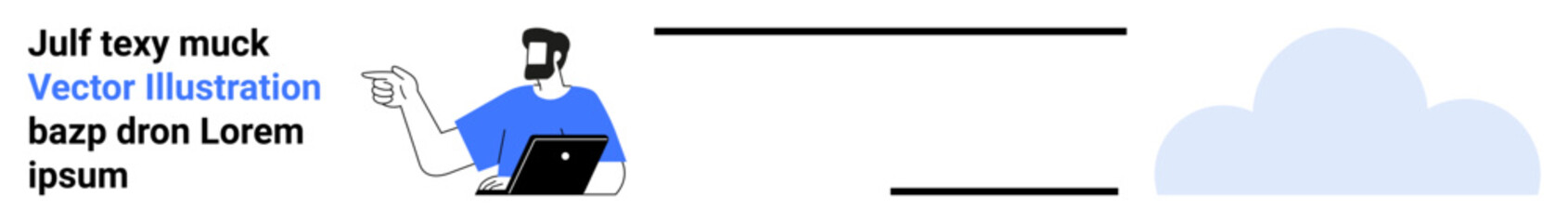 Person using laptop while pointing, suggesting cloud-based ideas or discussion. Ideal for technology, cloud computing, online work, remote team collaboration, innovation, brainstorming, flat landing