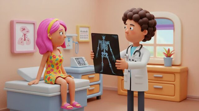 3D cartoon doctor showing X-ray to young female patient in bright medical office