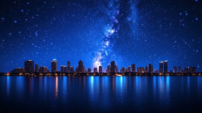 Cityscape at night under a starry sky with milky way