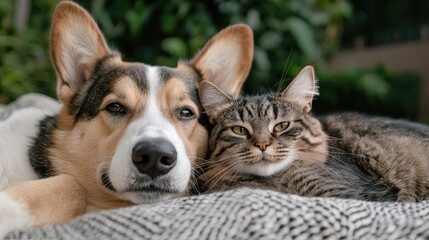 Close-up of a dog and cat resting together.  The dog, likely a corgi mix, and the cat are cozy and relaxed.  Soft focus