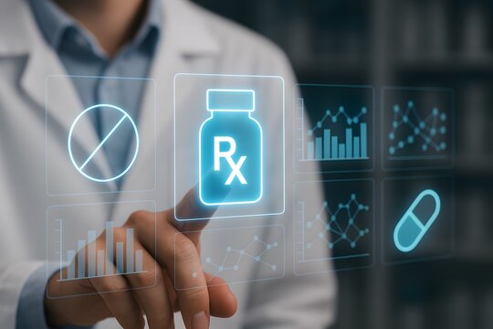 A caucasian male pharmacist in a lab coat taps a glowing rx bottle icon on a transparent medical dashboard. Concept of smart pharmacy innovation and secure digital prescribing.