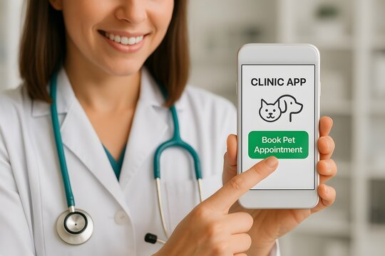 A smiling caucasian woman doctor in a white coat holds a smartphone displaying a clinic app with a dog icon and “Book Pet Appointment.” Concept of telehealth veterinary service and digital pet care.