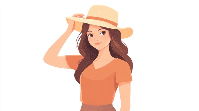 woman wearing hat, orange shirt, holding hat clip art preview