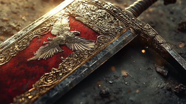 A detailed sword lies on a rocky surface. The sword has a red, ornate design with a golden bird engraved on it and intricate patterns along the edges.