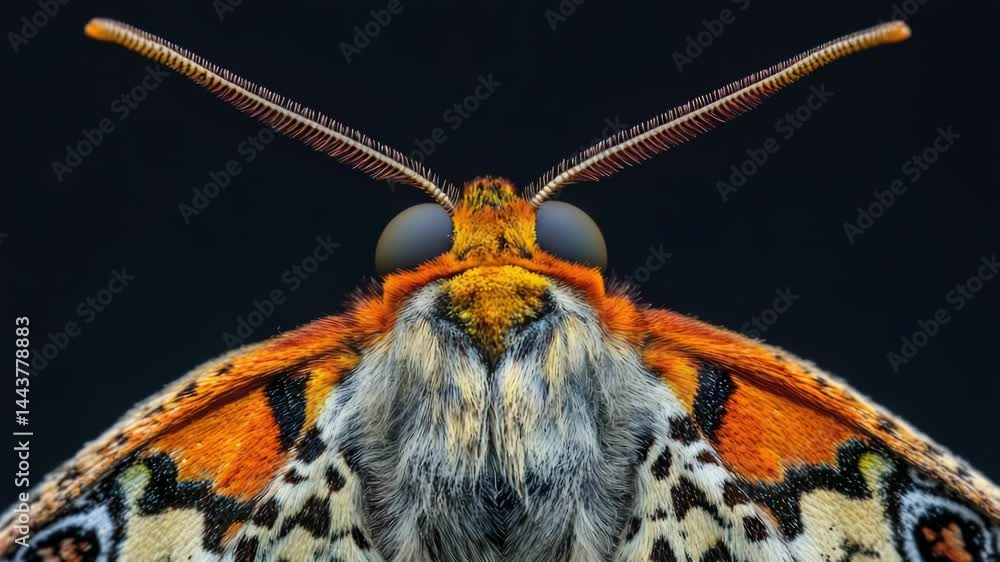 Poster a close-up shot of a butterfly's face on a dark background