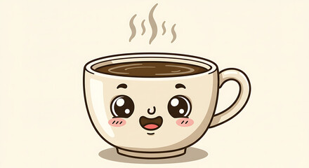 Obraz premium Cute cartoon coffee cup with a happy face steaming hot and ready to brighten your day great for designs