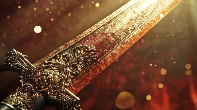 A decorative sword with gold and red details, featuring intricate patterns and a prominent hilt, illuminated by soft, warm light.