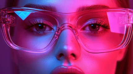 Girl's face in pink and blue light with large glasses © arsyi_06