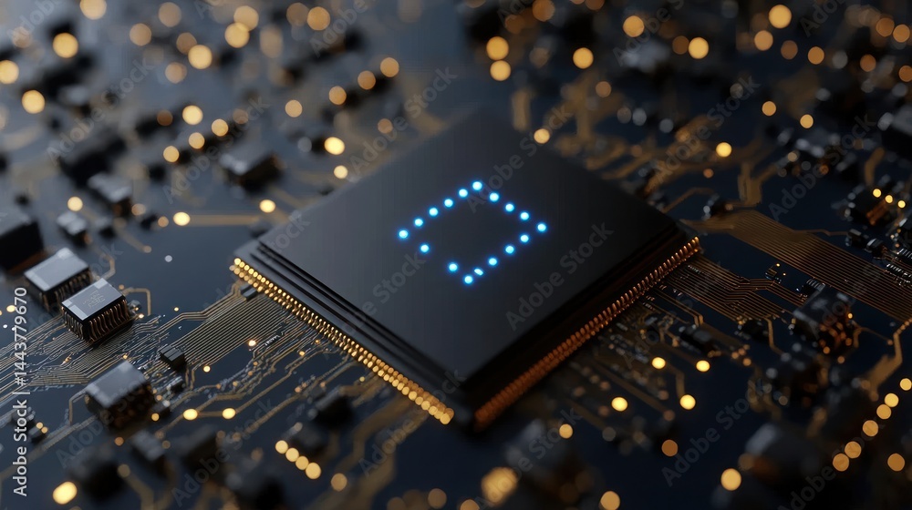 Poster high-tech microchip close-up: illuminating the future of computing