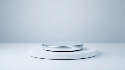 Minimalist, modern, white and silver circular podium.  Empty display platform for product presentation
