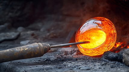 Glassblowing Process with Molten Glass on a Blowpipe