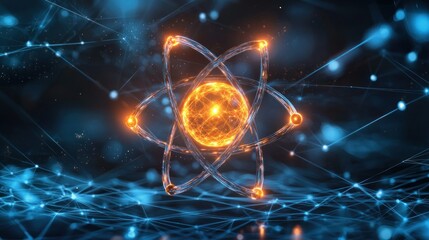 Glowing atom model surrounded by network of connections