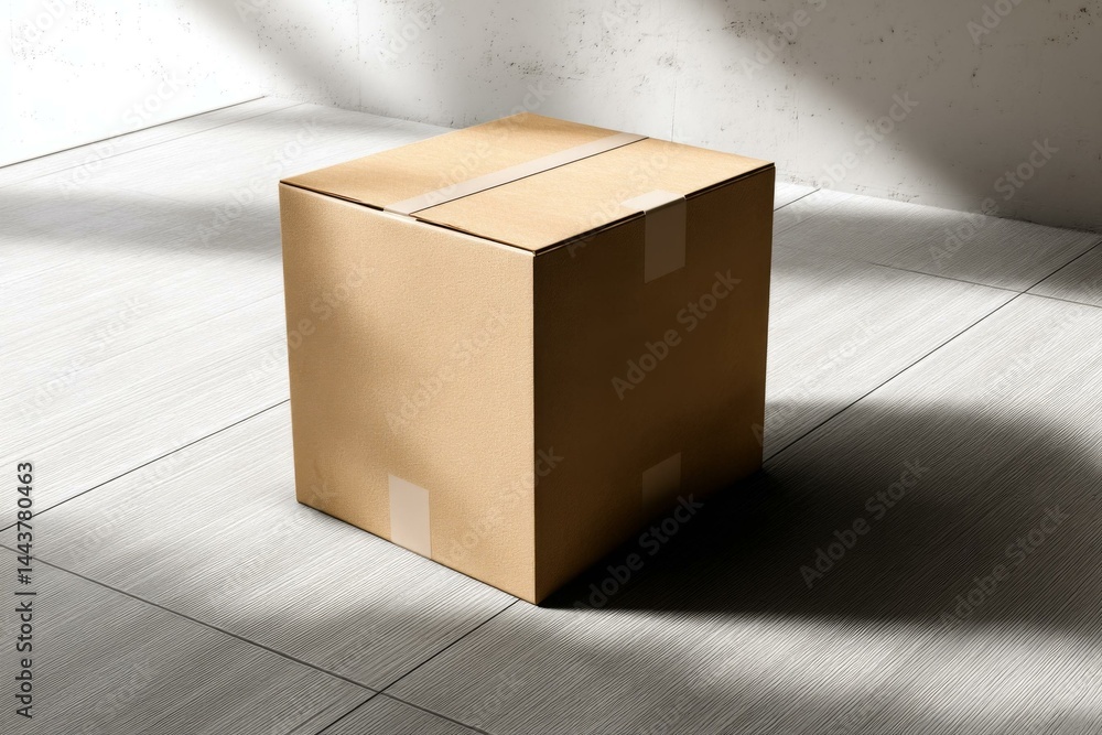 Aufkleber cardboard box on tiled floor in room with natural light and shadow patterns creates a minimalist com