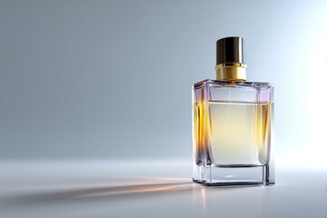 Naklejka premium Elegant perfume bottle on a reflective surface with gold and black accents, showcasing fragrance presentation.