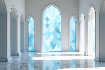 Minimalist Palace Hall Interior with Icy Blue Stained Glass and Marble Flooring