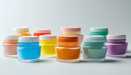 Open colorful cosmetic jars with a range of colors on light background. Concept of cosmetics assortment, skincare, organic facial and body creams, and beauty product display