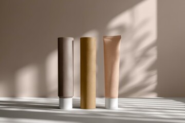 Minimalist Display of Three Cosmetic Tubes with Natural Lighting and Shadow Patterns