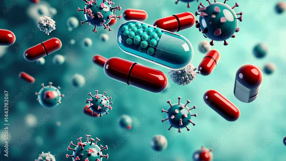 Aufkleber exploring the microscopic battle between medication and viruses in vibrant detail generative ai