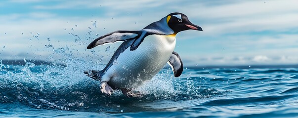 Obraz premium King penguin jumps gracefully from water creating dynamic splash