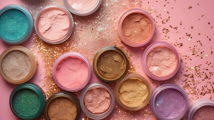 Naklejka premium Beauty product and cosmetics texture, makeup shimmer glitter, blush eyeshadow powder as abstract luxury cosmetic background art
