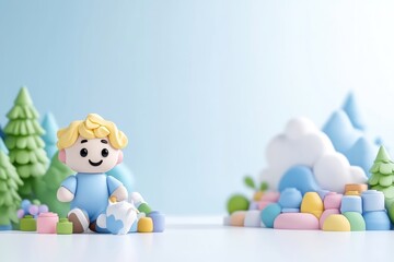 Fototapeta premium Cute clay boy figure sitting in a miniature pastel landscape with trees and mountains.