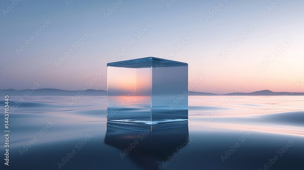 Aufkleber 水面に浮かぶ立方体の透明なオブジェクト夕焼け時の空と光のグラデーション美しい風景