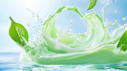 A vibrant splash of green liquid with fresh leaves, creating a refreshing and dynamic visual