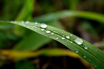 Dew Covered Blade of Grass in Detailed Close-Up Shot, Green Leaf with Water Droplets Glistening, Natural Beauty and Freshness