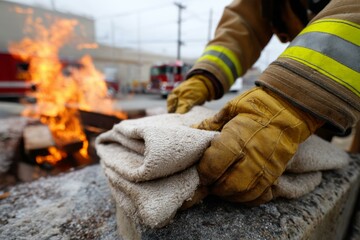 Firefighter putting a fire blanket on a small blaze in a simulated training outdoors with fire trucks in the background