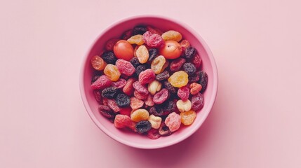 Dried fruit and nuts in pink bowl. Top-down, close.