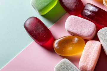 Colorful gummy candies assortment on pastel geometric background for sweet treat concepts