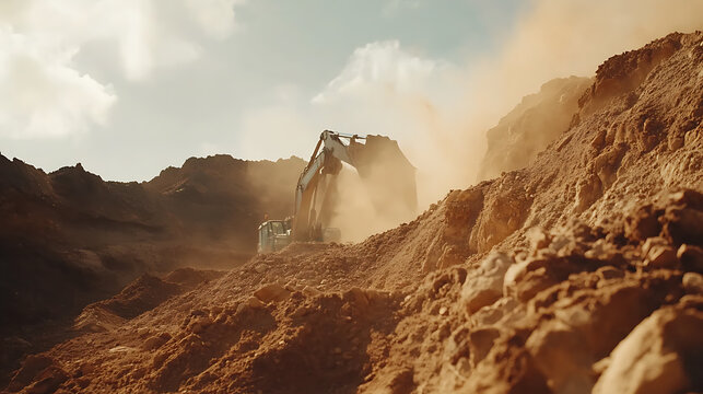 Excavator Digging in Dusty Terrain