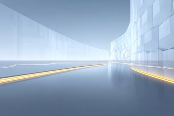 未来的な抽象空間の青と白のミニマリストデザインの光る通路