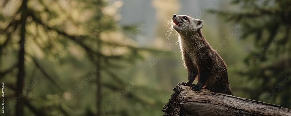Poster a fisher sits on a log calling out in nature