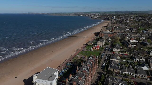 Peaceful Aerial Drone Shot of Portobello Beach and North Sea Coastline in Scotland