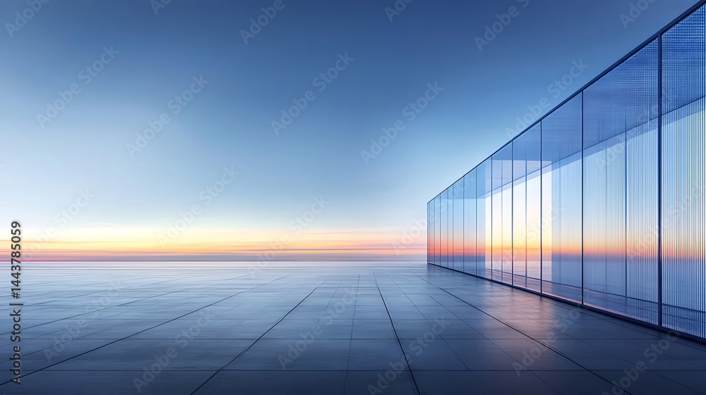 Poster 夕焼け空と海に面したモダンガラス構造物の風景 抽象的デザインと幾何学的なラインが美しい